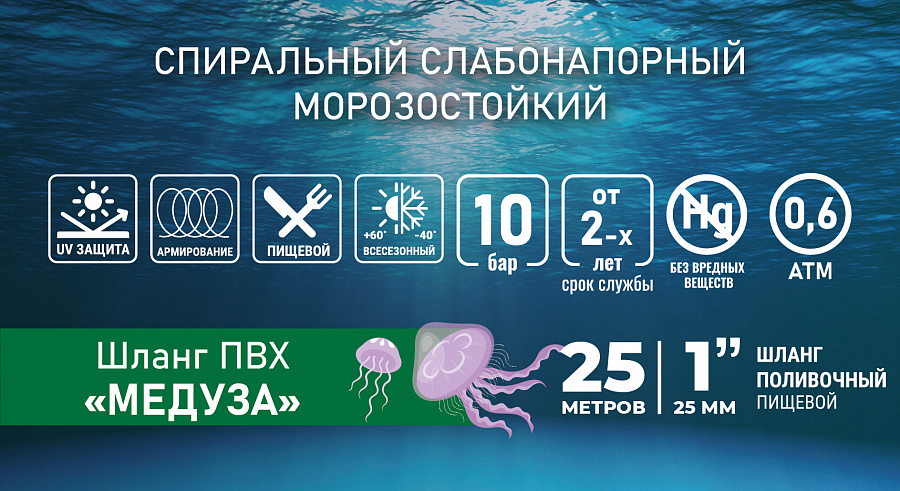 Шланг ПВХ "МЕДУЗА" 1 (25м) спиральный слабонапорный морозостойкий (25м) 1 шт в уп